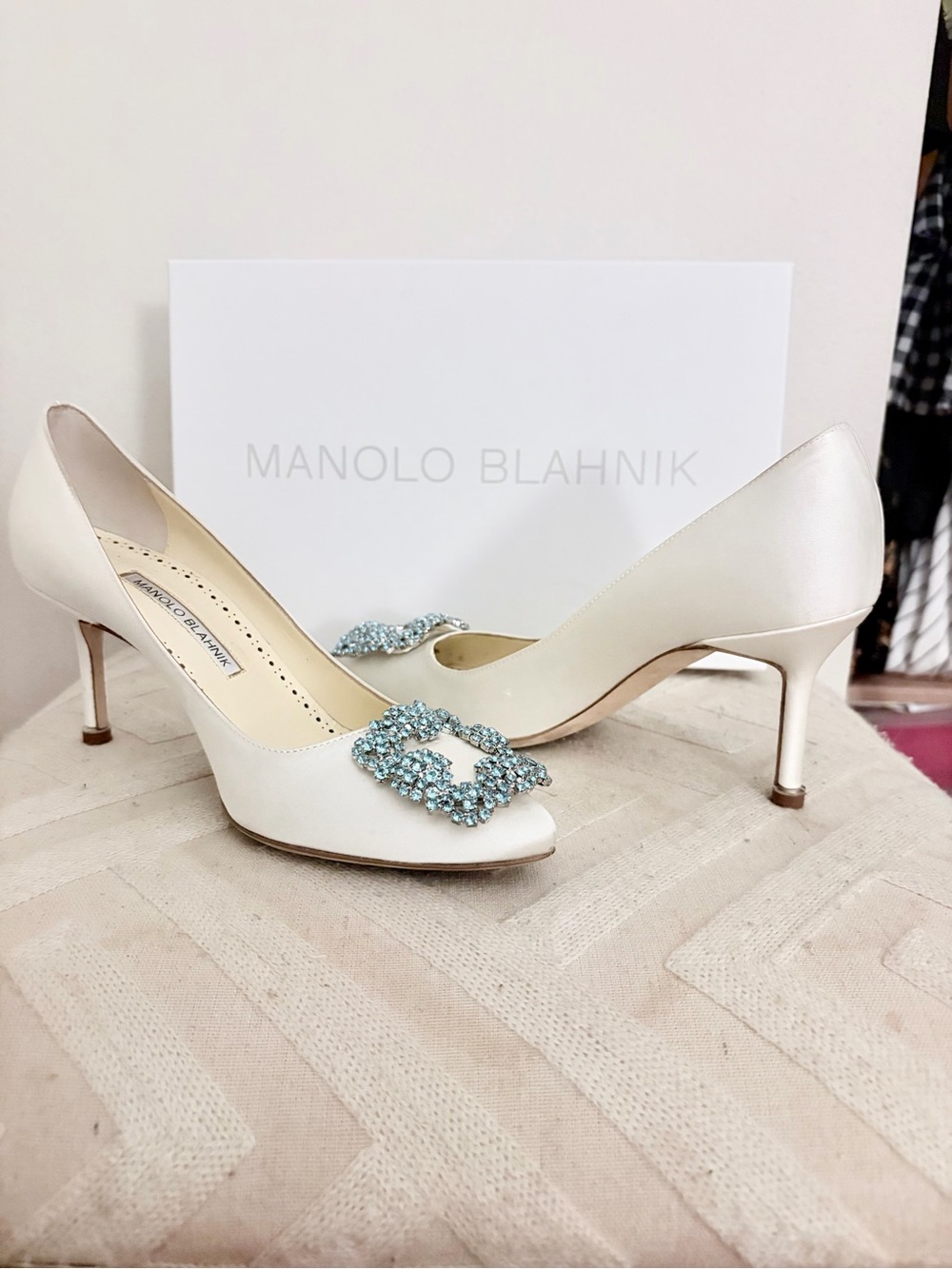 Manolo Blahnik Bridal White Satin Pumps with Blue Crystal Buckles
